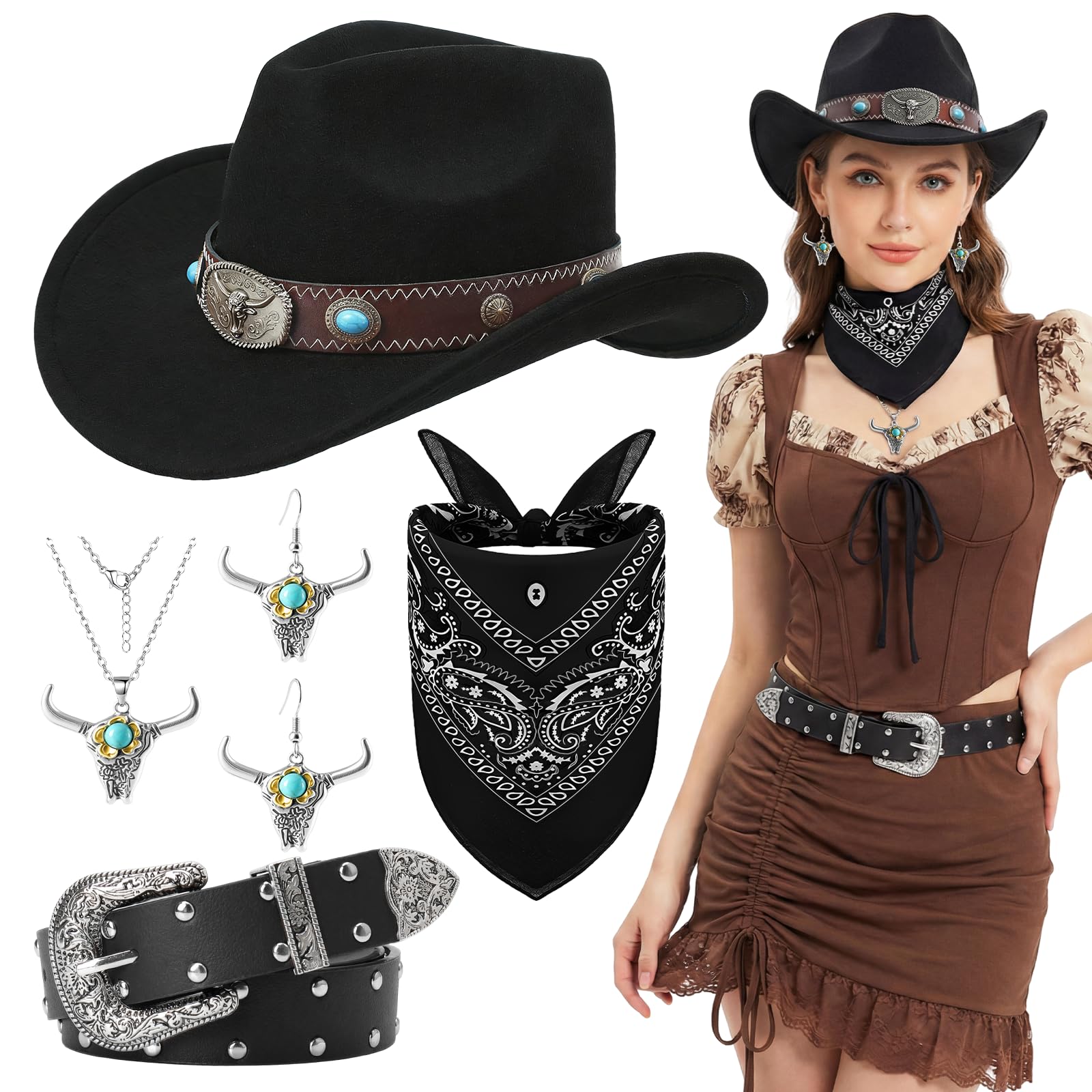 Kyndara 5Pcs Cowboy Hat Set for Adult, Western Cowboy Fancy Dress Accessory Kit with Wide Brim Hat Belt Bandana Necklace Earrings for Fancy Dress Carnival Theme Parties