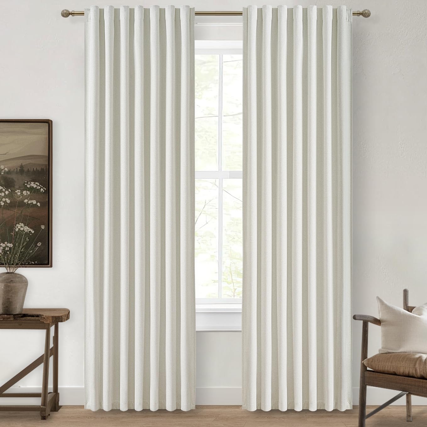 Beige White Cute Blackout Pleated Curtains 86 Inches Long 2 Pack, Insulated Sliding Door Curtain UV Heat Blocking Drapes for Living Room/Bedroom Faux Linen Ceiling Pins Hooks&Back Tab(W50 x L86) โ image 1
