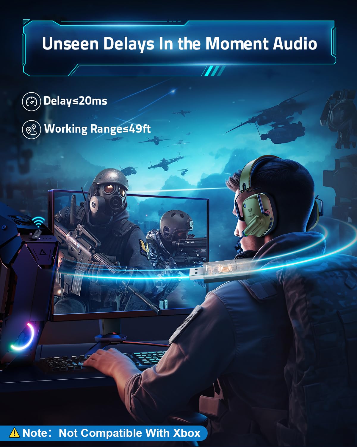 Cuffia Gaming Wireless per PC, PS4, PS5, Mac, Switch Auricolare Gaming 2.4GHz USB con Microfono Bluetooth, Driver da 50mm, Batteria da 50 Ore, Bassa Latenza, Leggero (verde)