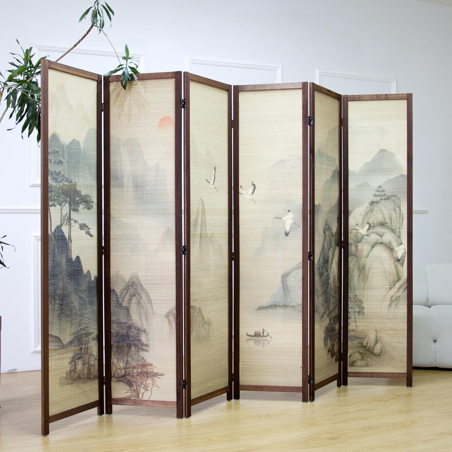 furnnylane 6 panel bamboo room divider, 5.6 ft tall double-sided folding privacy screen, premium thickened wood frame with mountains and waters landscape for home & office (67" h x 94.5" w)