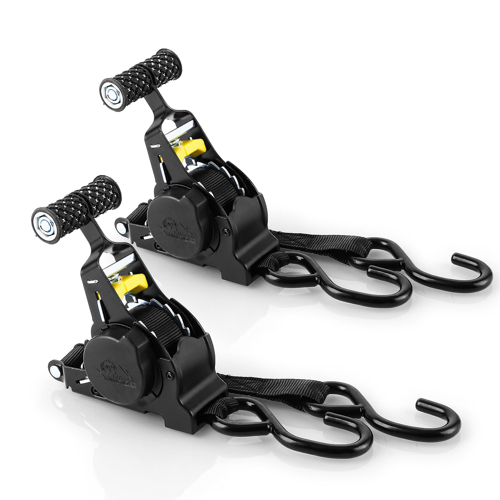 2 cinghie di serraggio automatiche, 2,5 cm x 3,3 m, cinghie di tensione automatiche, 680 kg, resistenza alla rottura, cinghie a cricchetto con maniglie ergonomiche per rimorchi, moto, kayak