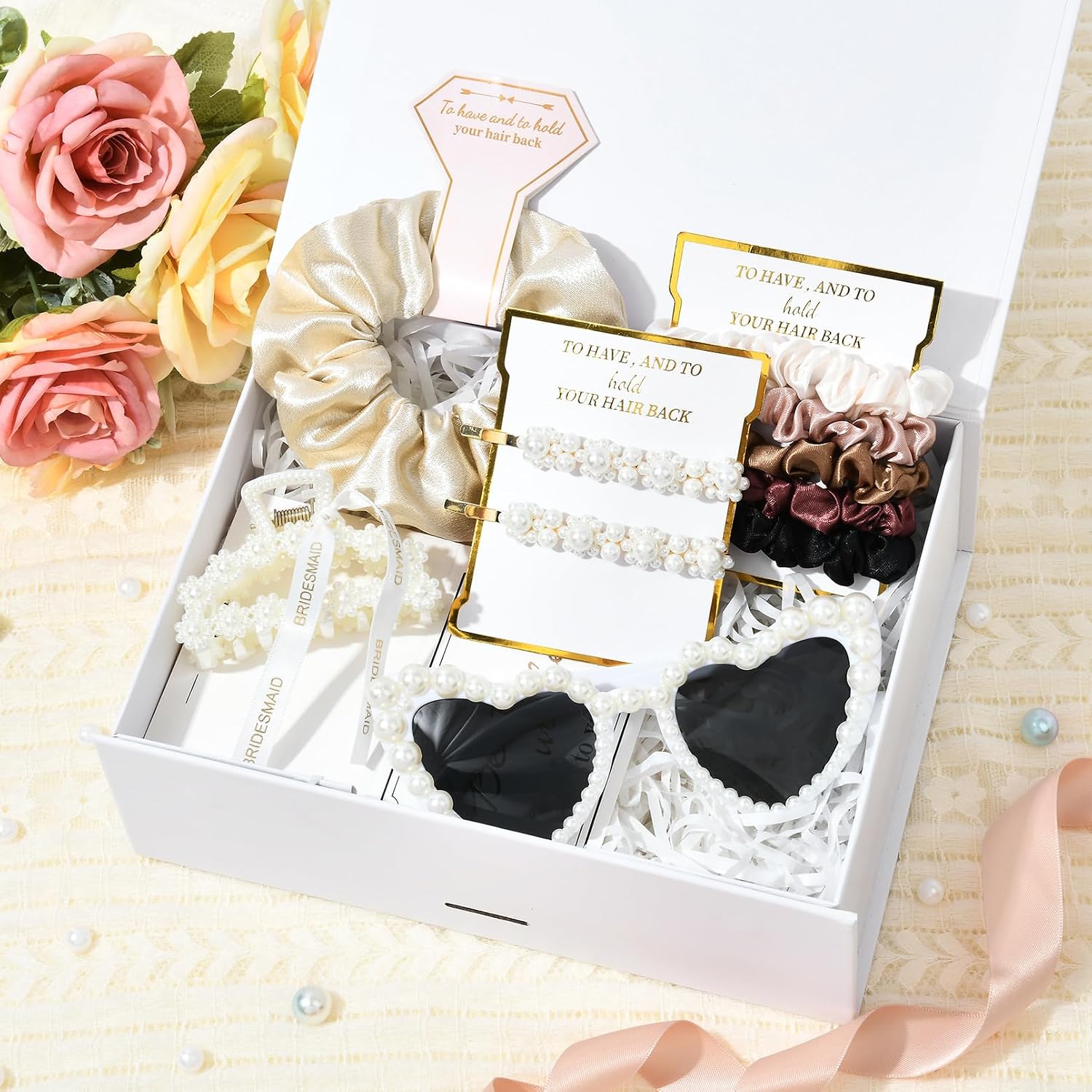 DEEKA 4 Sets Pearl Gift Set Bridesmaid Proposal Bag Clear Makeup Toiletry Bag Pearl Clips Hair Claw Clips Scrunchies Sunglasses Bachelorette Party Favors Bridal Wedding Party Gifts (Neutral)