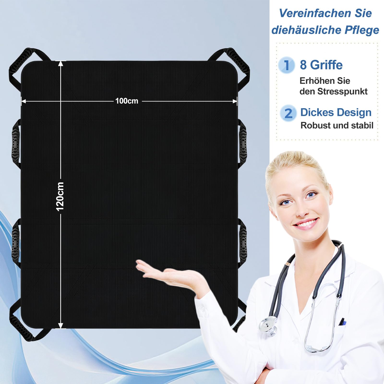 Gleittuch für Bettlägerige 100*120cm,Rutschtuch Pflege mit 6 Griffen,Transferboard für Patientenlifter für Ältere & Bettlägerige Patienten,Gleitmatte Pflege Wiederverwendbar und Abwaschbar (Schwarz)