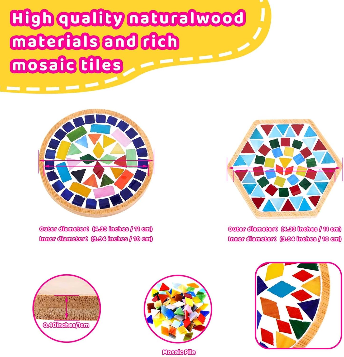CaiyiDiyue 4 Sets DIY Glass Mosaic Tiles for Crafts，Mixed Color Mosaic Kits with Wooden Coaster for Adults Arts and Crafts Handmade Gifts Home Decor Birthday Christmas Gifts Materials Package