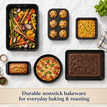 Stackable Nonstick Bakeware Set, 8 Piece Baking Pan Set, Oven Safe Carbon Steel, Includes Cookie Sheet, Muffin Pan, Loaf Pan & Roaster