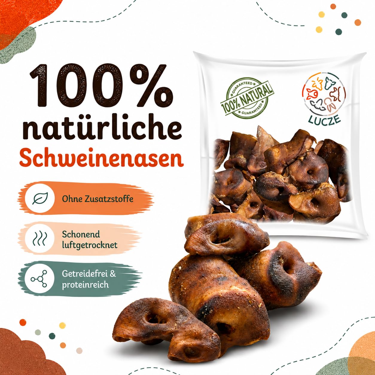 Hocico de cerdo seco, nariz de cerdo para perro, 5 kg, bocadillo natural para masticar, rico en proteínas y fácil de digerir, sin cereales y aditivos artificiales de Lucze