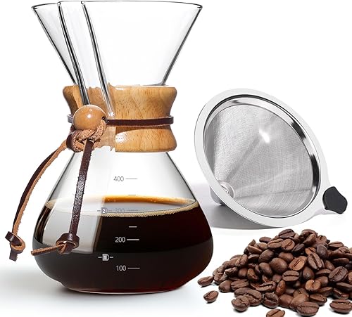Cafetera de 17 onzas, cafetera de goteo de vidrio borosilicato de 4 tazas con filtro de acero inoxidable reutilizable y agarre de corcho para café