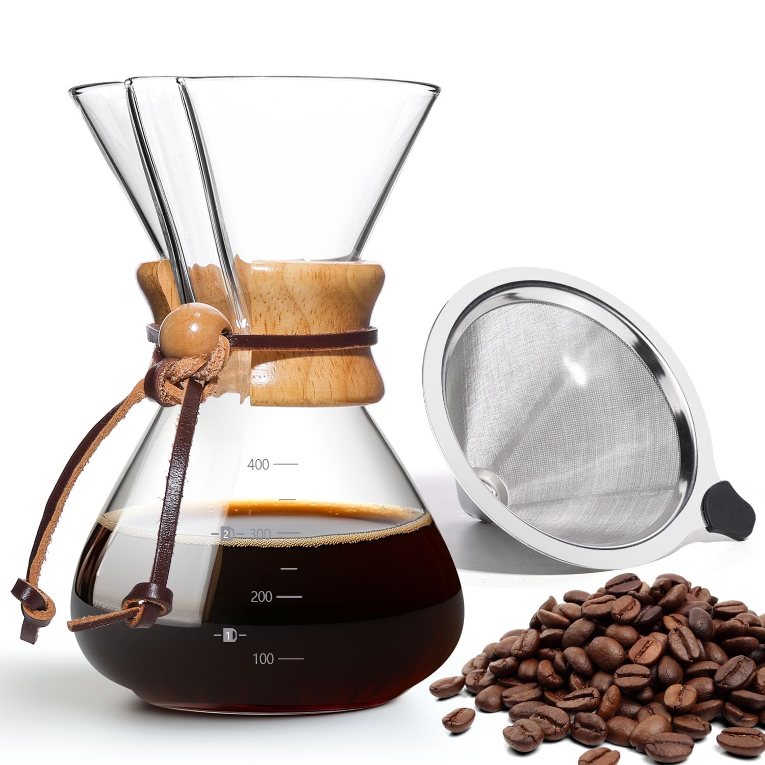 Yopinmall 17 OZ Pour Over Coffee Maker, 4 Cup Borosilicate Glass Drip Coffee Maker with Reusable Stainless Steel Filter and Cork Grip for Home Café