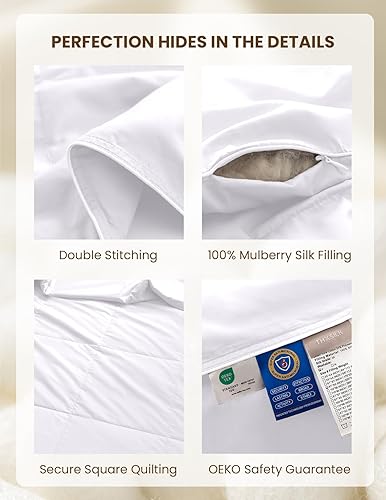 Miniatura 5 de THXSILK Edredón de seda para verano, relleno de 100% seda, edredón de seda, lavable, transpirable, ultrasuave (Queen, blanco)