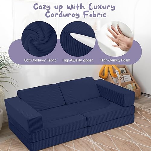 Miniatura 68 de MeMoreCool Sofá infantil para sala de juegos, sofá modular de 10 piezas, sofá convertible de pana, juego de construcción de fuerte de espuma para