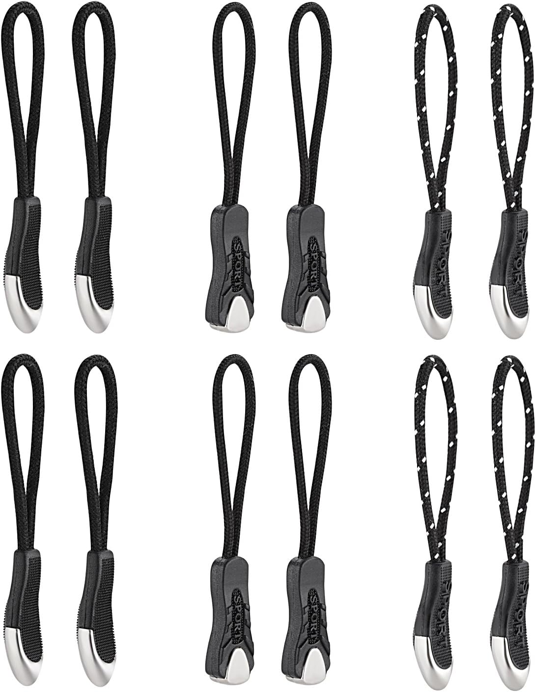 HYCC 12 Pack Strong Nylon Cord Zipper Pulls with Ergonomically Designed Rubber Non-Slip Gripper for Backpacks, Jackets, Luggage, Purses and Handbags - Black