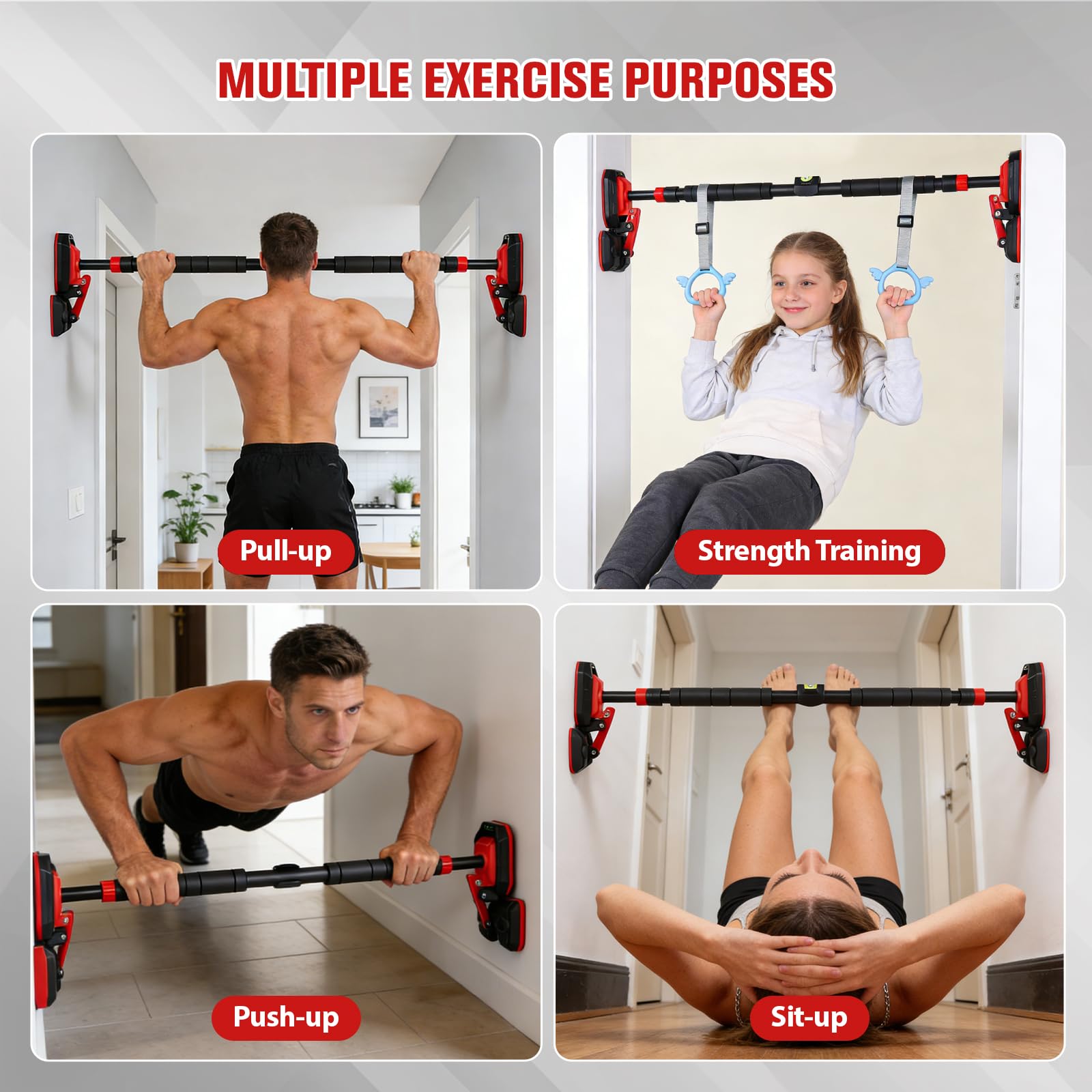 Barre de traction pour cadre de porte sans perçage 250 kg avec anneaux et