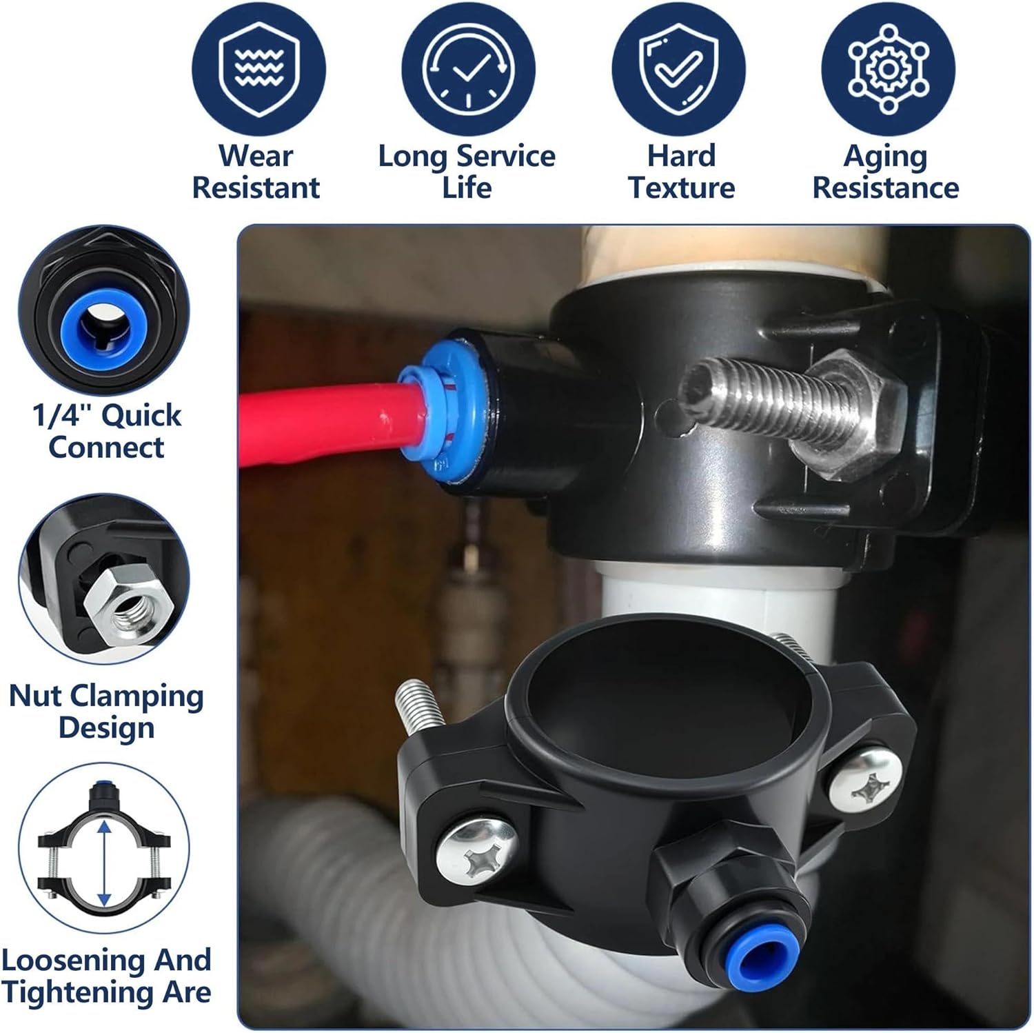 2 Pack Drain Saddle Valve 1/4 Inch Quick Connect for Under Sink Reverse Osmosis Systems, Heavy Duty Drain Saddle Clamp with Leak-Proof Filter Element, Fits Pipes for RO Water Purifiers