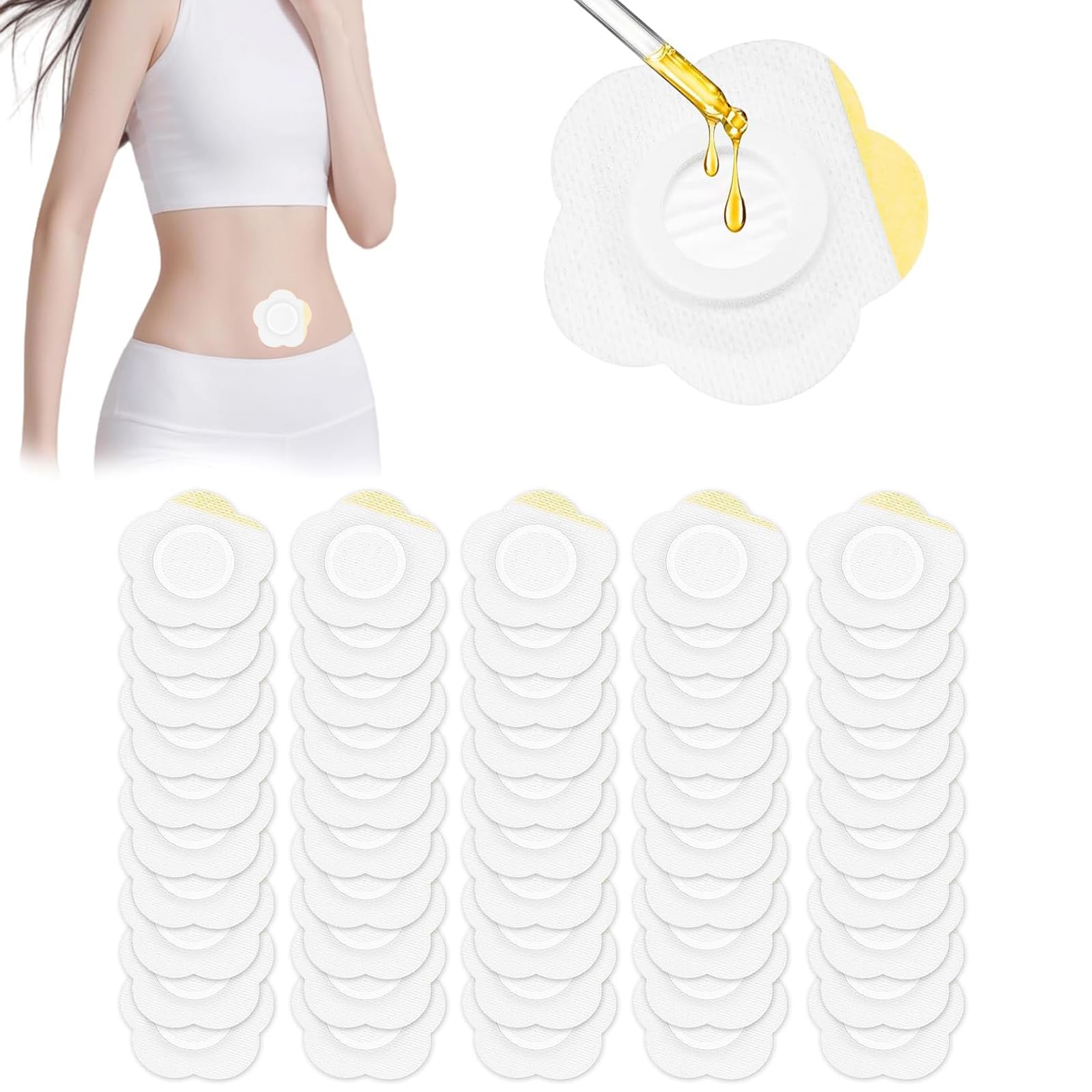 50 PCS Castor Oil Patches, Flower Shape Self Adhesive Castor Oil Belly Button Patch Pack Wrap Kit,Organic Cotton Spunlace Cloth Liver Detox Wrap