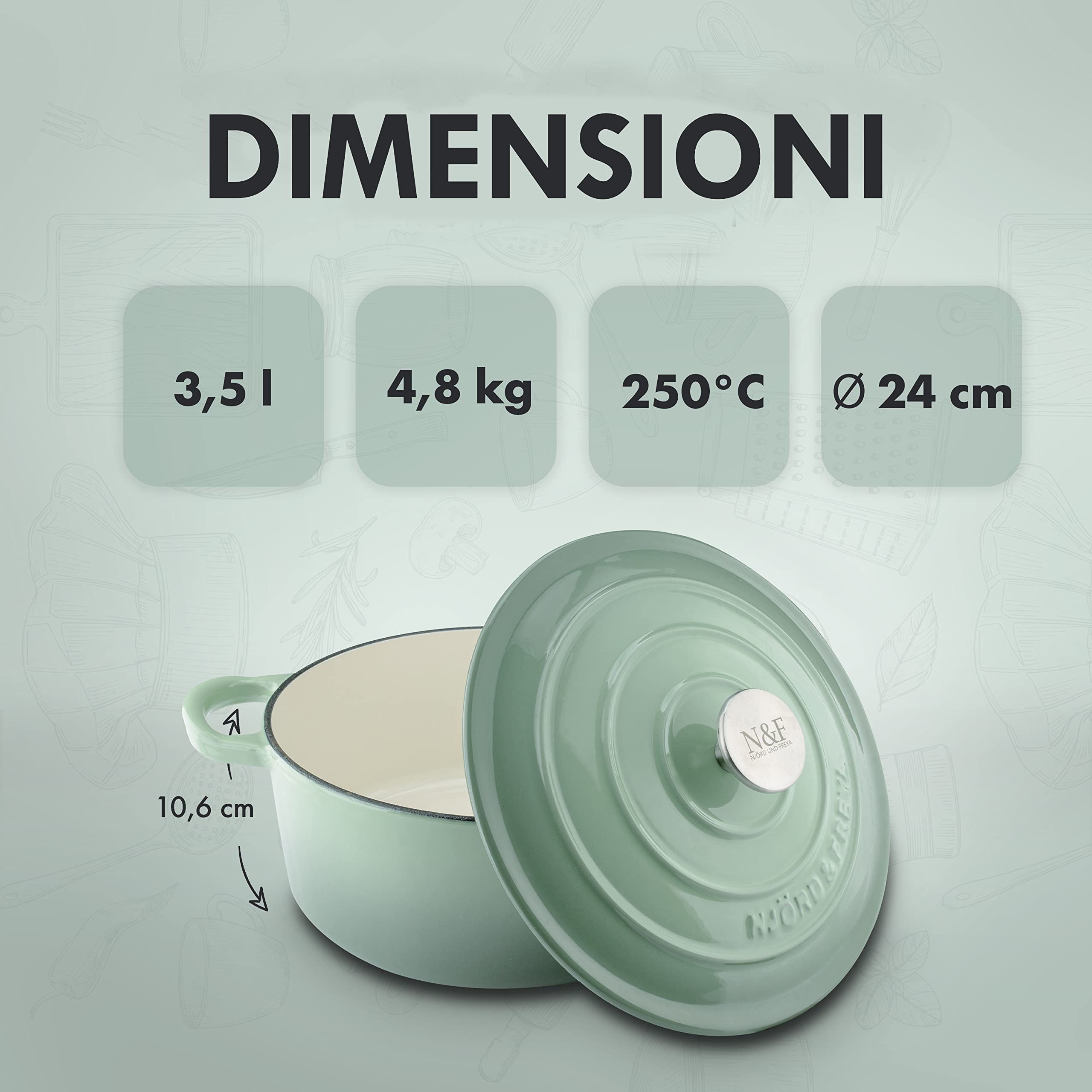 Njörd & Freya Casseruola in ghisa, girarrosto con coperchio, casseruola in ghisa, rivestimento smaltato, adatto a tutti i tipi di fornelli e fornelli a induzione, diametro 24 cm