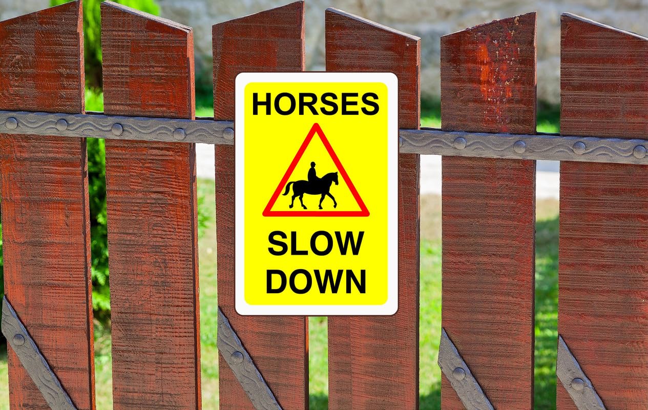 Safety First Display Ltd Yellow Horses Slow Down Sign - High Tack Self-Adhesive Sticker (300Mm X 200Mm) Viewing Distance Within 7M.