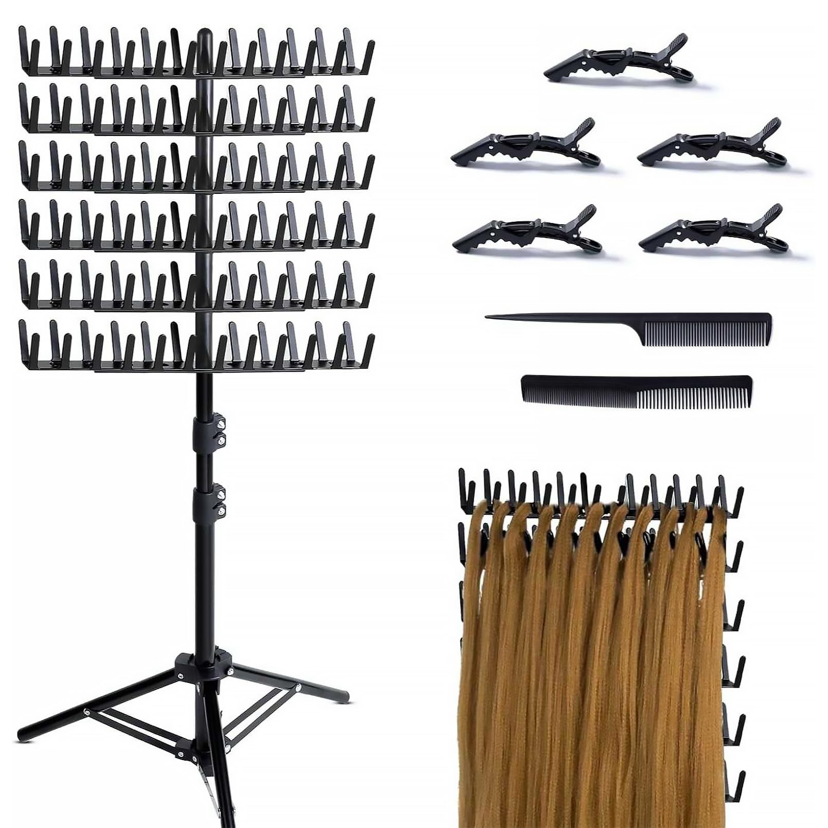 Soporte para extensiones de cabello de 144 pines, con 6 pinzas y 2 peines, soporte para extensiones de pelo para extensiones de pelo, altura ajustable y plegable, soporte para extensiones de