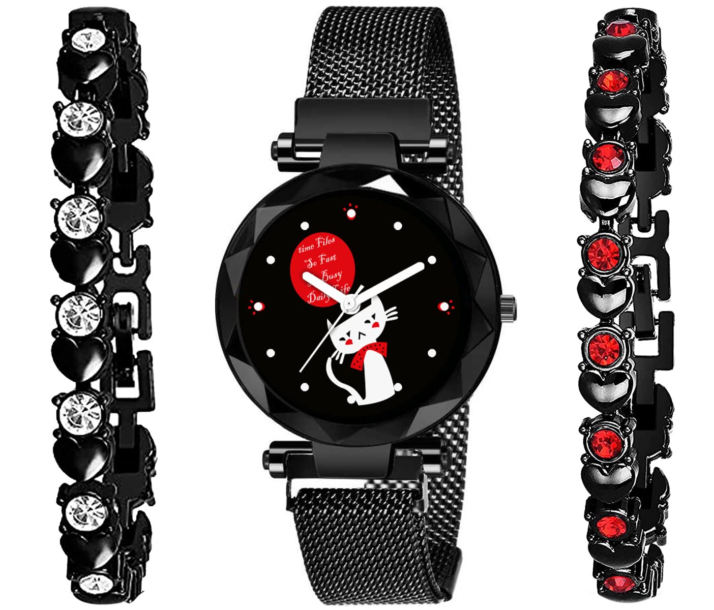 RUSTET Branded Analogue Black Cat Dial Magnet Watch with Valentine Gift Bracelet for Women or Girls(Combo of 3) (Black2) (B09R8185R6) Amazon Price History, Amazon Price Tracker