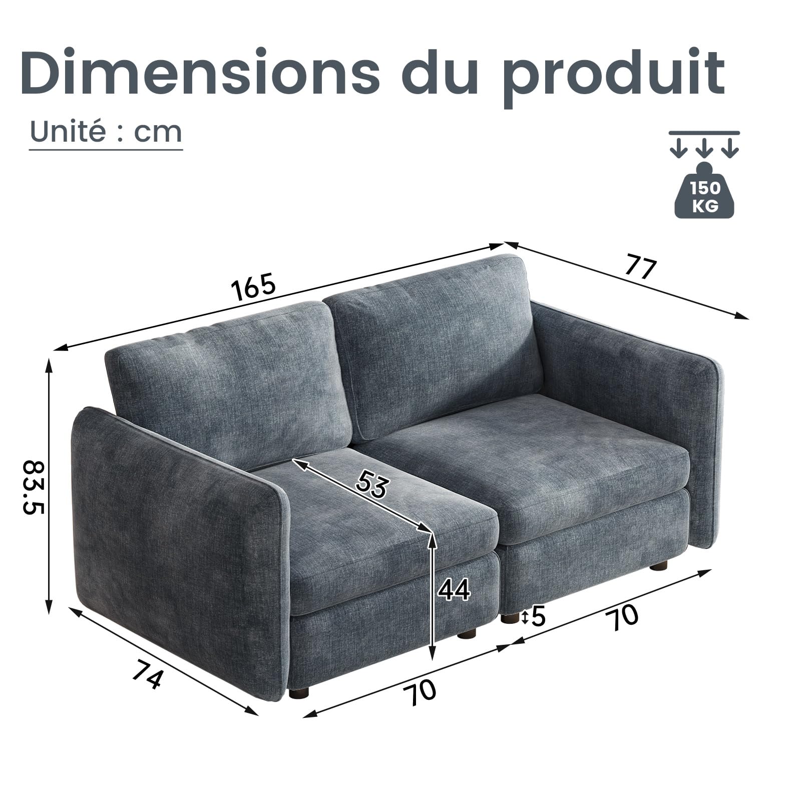 Miuuod Canapé modulaire 2 places en velours avec housses amovibles et lavables - 165 cm - Bleu clair