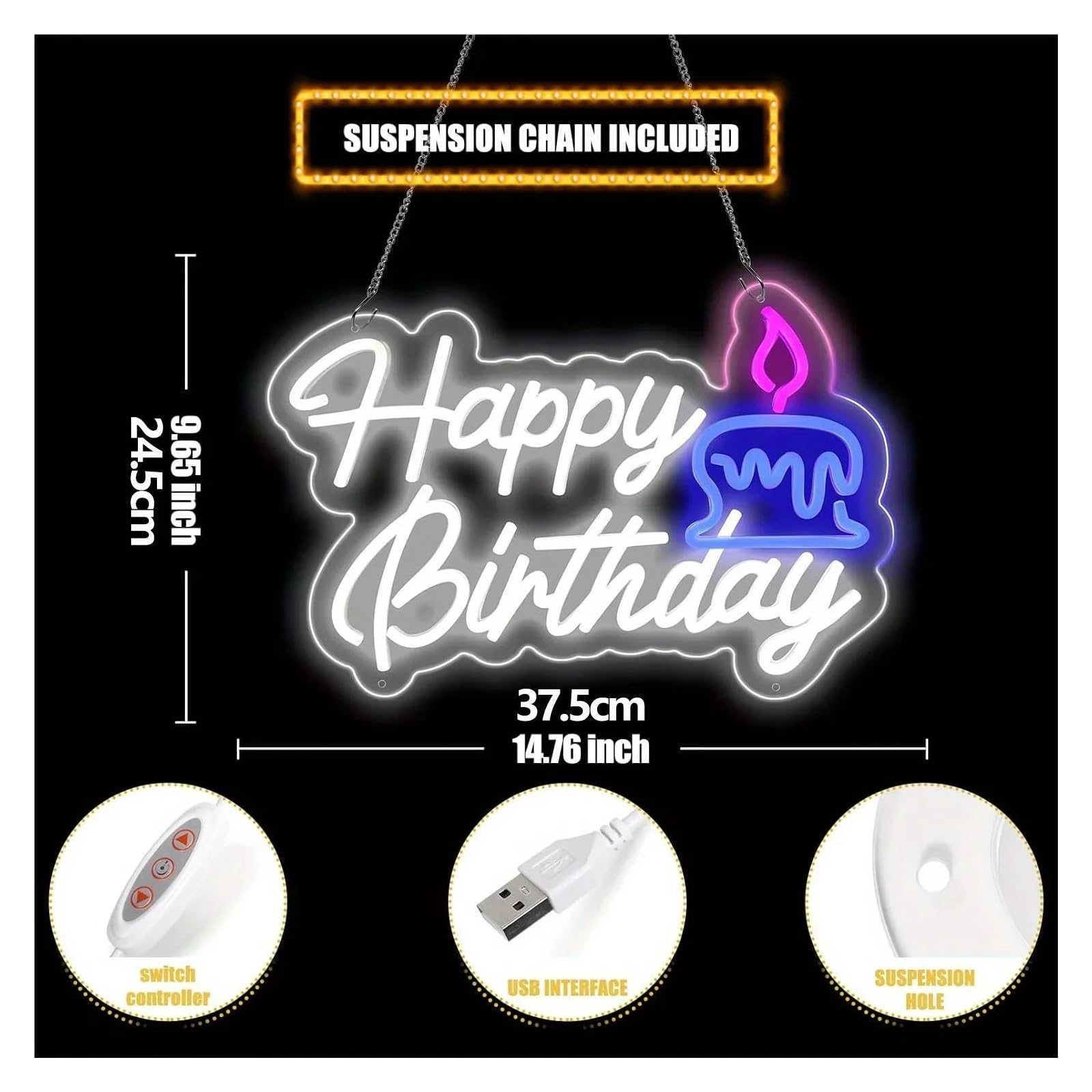 Luz de Diseño de Digital Letrero De Neón De Feliz Cumpleaños, Luces LED Regulables Alimentadas Por USB, Decoración De Pared, Para Fiesta, Pub, Hogar, Sala De Juegos, 24.5cmx37.5cm