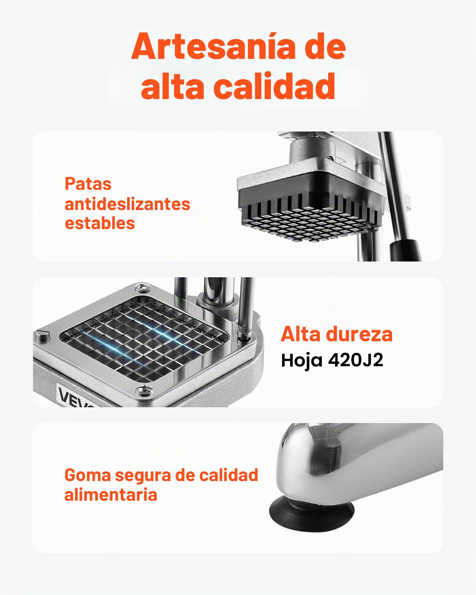 VEVOR Cortador de Papas Fritas Picador de Frutas y Verduras de Acero Inoxidable con 3 Cuchillas de Repuesto de 12,7/9,525/6,35 mm Cortador Manual de Papas para Restaurantes, Cocinas Domésticas