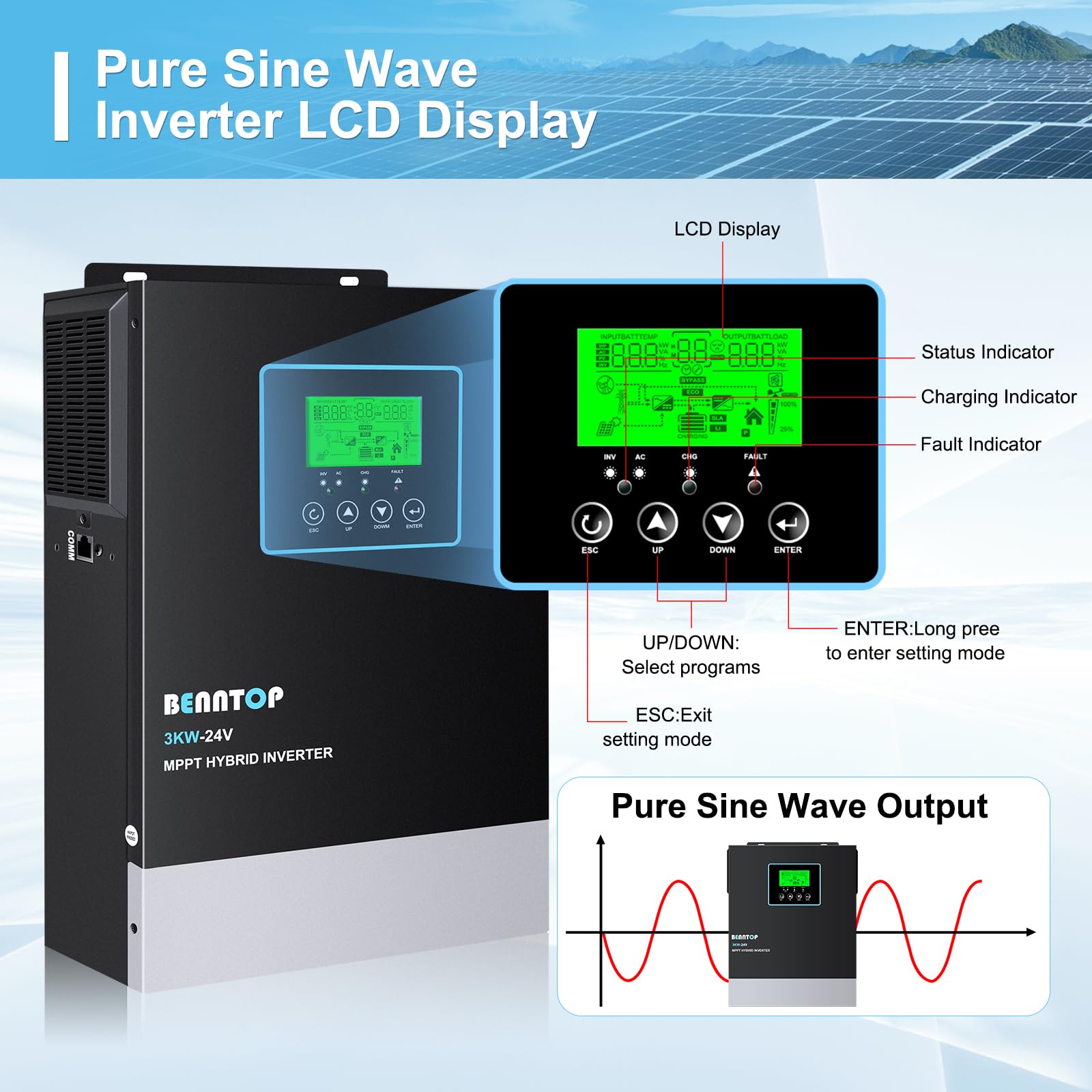 3000W Hybrid Solarwechselrichter Off Grid 24V DC zu 230V AC Wechselrichter Reiner Sinus mit 80A MPPT,Max. PV-Eingang 400V für Blei-Säure und Lithium Batterien