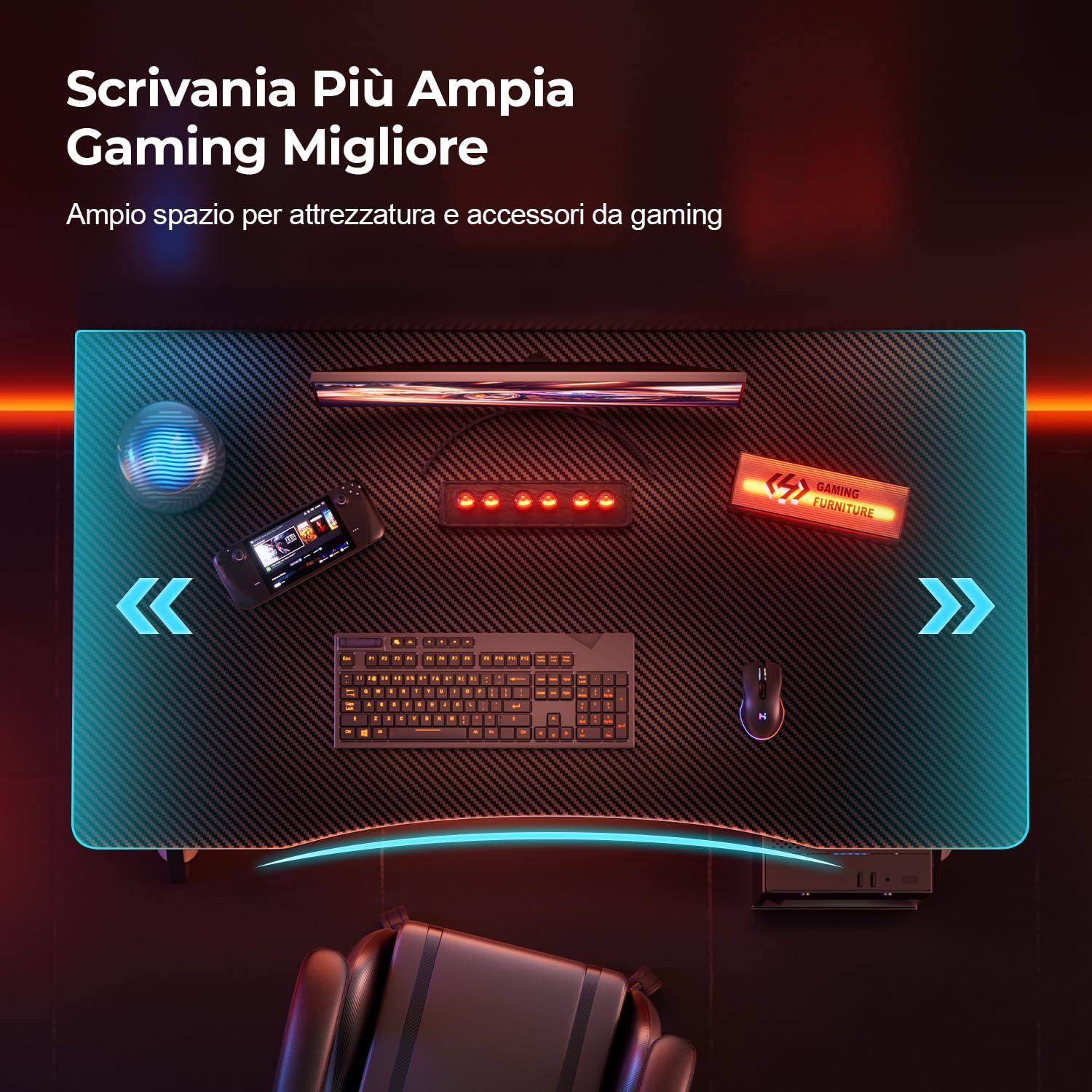 HLONONE Tavolo da gaming, 80 x 50 cm, tavolo per PC con piano monopezzo, nero | Scrivania da gioco ergonomica con superficie in fibra di carbonio, struttura in metallo stabile, per gaming e ufficio