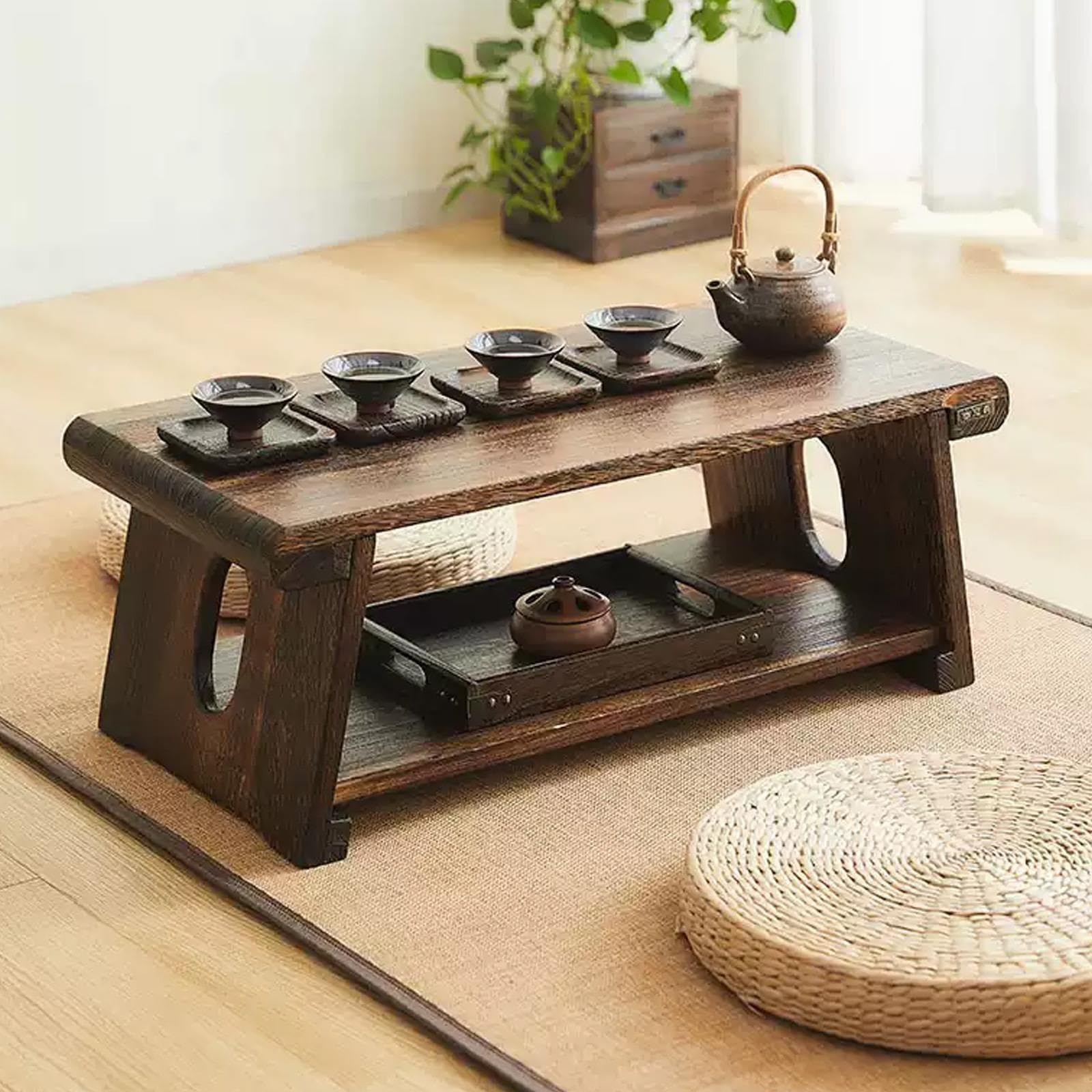 Tavolino da caffè a 2 Livelli, Legno Stile Giapponese Tavolo Basso