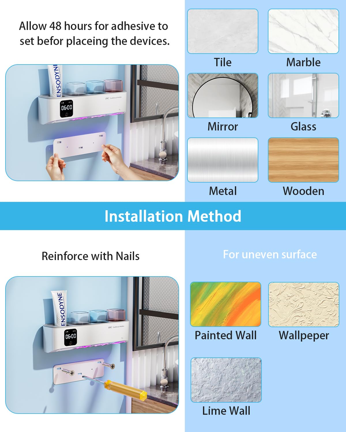 Soporte para cepillos de dientes montado en la pared para baños, soporte para cepillos de dientes – Decoración inteligente para el hogar y el baño con 3 tazas, cuenta con un reloj y luz nocturna
