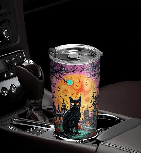 Miniatura 5 de Vaso de Halloween de 20 onzas, gato negro fantasma con calabazas de Halloween, taza de viaje aislada con tapa, termo de café para hombres, mujeres,