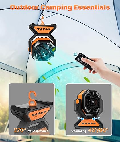 Miniatura 5 de Ventilador recargable portátil para tiendas de campaña, 20000 mAh, funciona con pilas, luces de campamento con gancho remoto, 4 temporizadores4