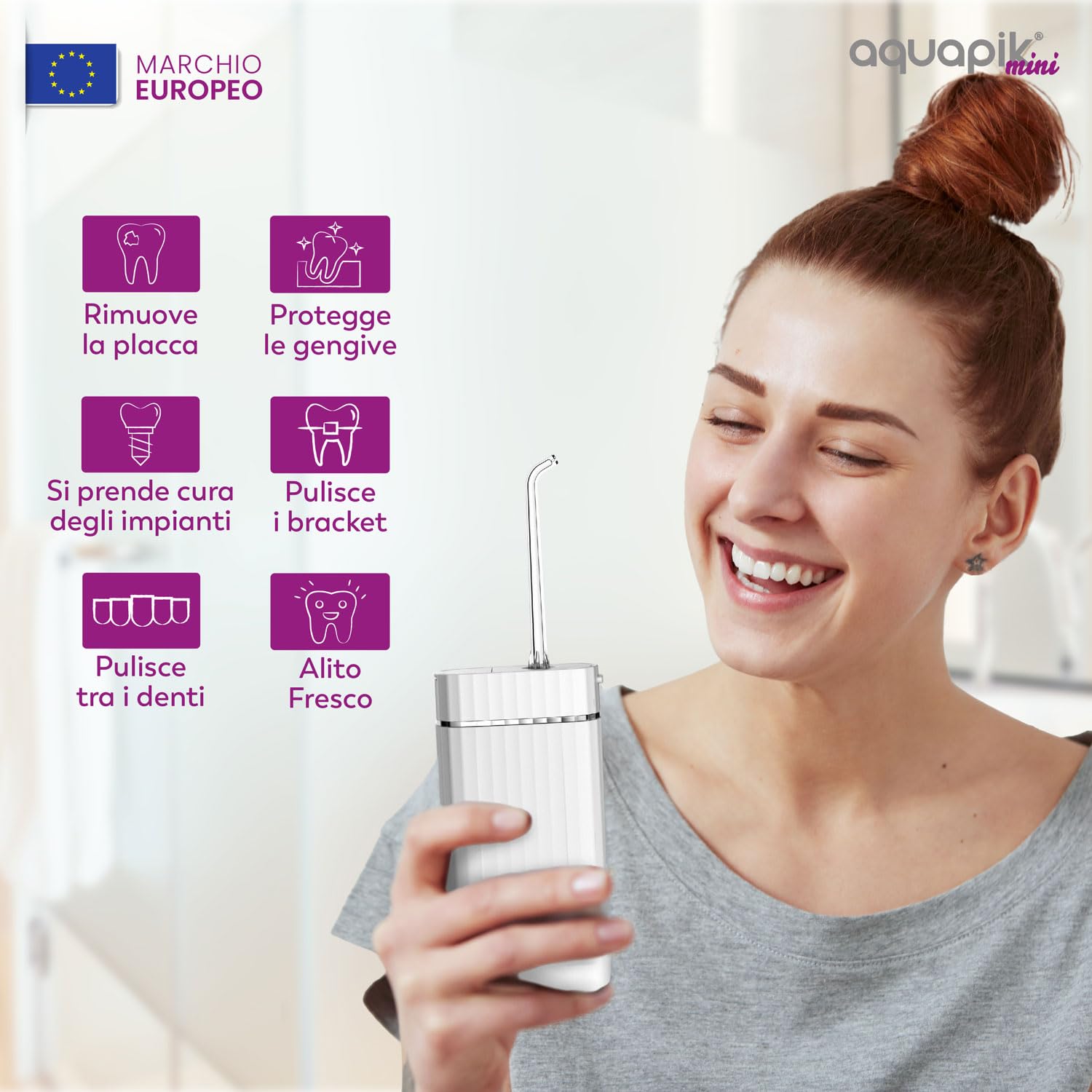 Idropulsore dentale portatile AQmini - 3 modalità, 4 ugelli, serbatoio 200 ml, USB-C, IPX7, compatto per viaggio, ufficio, gengive sensibili
