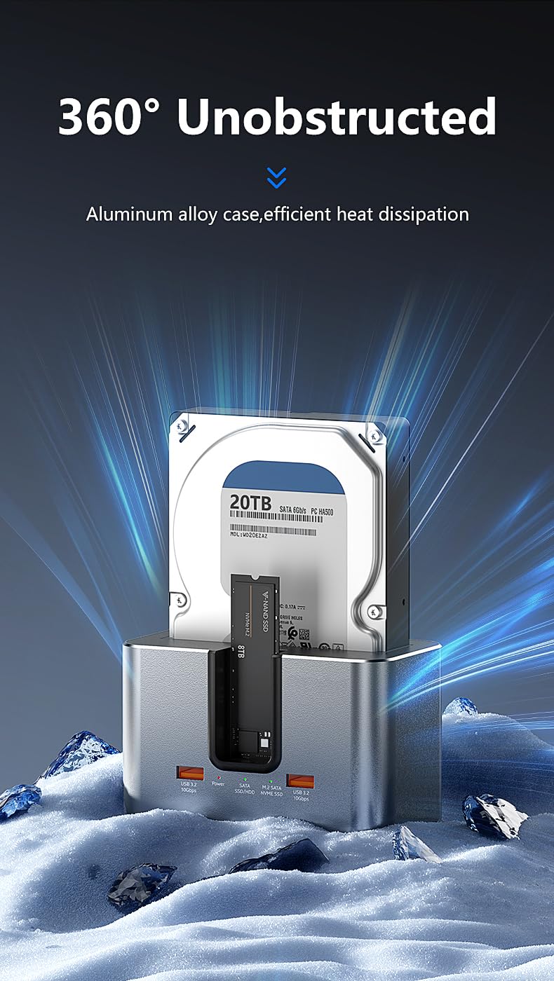 Station d'accueil pour Disque Dur, Station d'accueil USB 3.2 10 Gbps, boîtier SSD Externe en Aluminium à Double Baie USB C pour lecteurs M.2 NVMe/SATA et SSD/HDD SATA 2,5''/3,5''