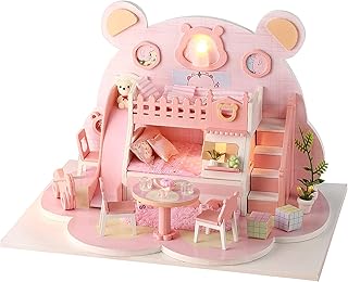 BORDSTRACT Kit De Casa De Bonecas Em Miniatura DIY, Kits De Casa Madeira Para Oficina Sonho Ursinho Fofo, Mini Casa De Boneca Feita à Mão Com Luz LED, Presente Artesanato Criativo Para Ama