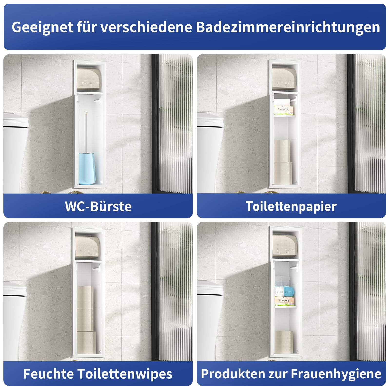 Unterputz Toilettenpapierhalter Edelstahl,Einbauschrank WC Toilettenpapierhalter mit Aufbewahrung, Klopapierhalter Weiß