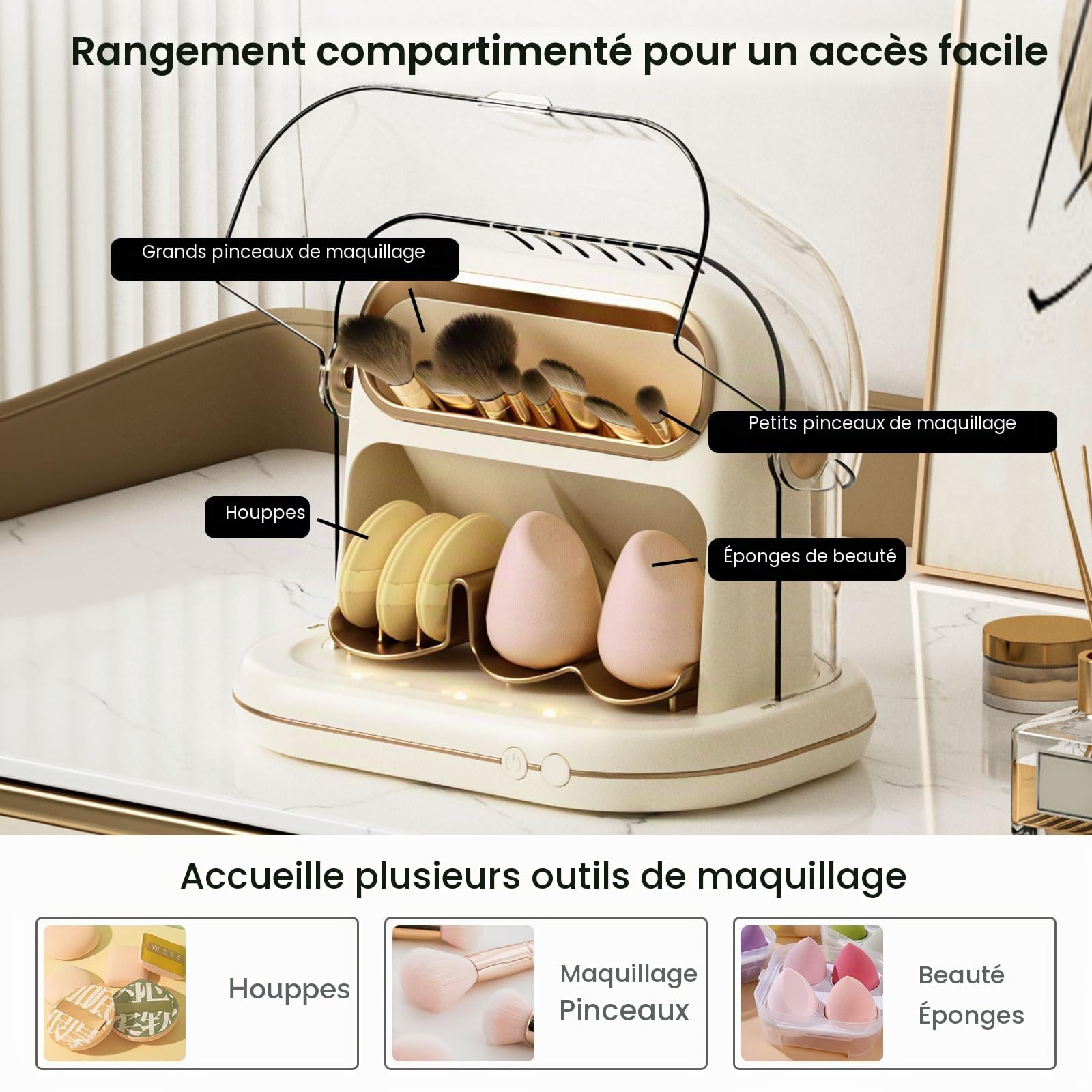 Sèche‑Pinceaux De Maquillage Électrique, 3 En 1 Automatique Et Rangement Avec Couvercle, Outil De Nettoyage Programmé Pour La Plupart Des Tailles De Pinceaux Et Éponges