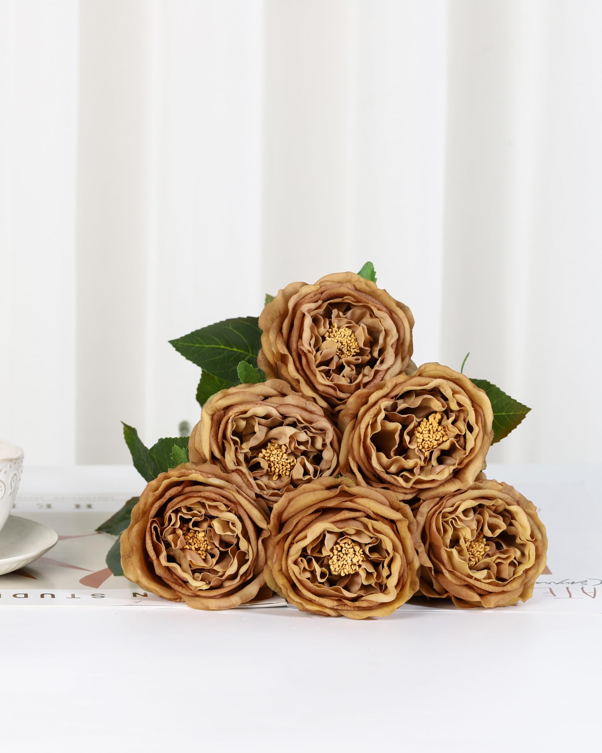 DuHouse 5Pcs Real Touch Silk Roses Fake Coffee Roses with Stems Artificial Flowers for Arrangement Wedding Party Home Decoration - Image 3