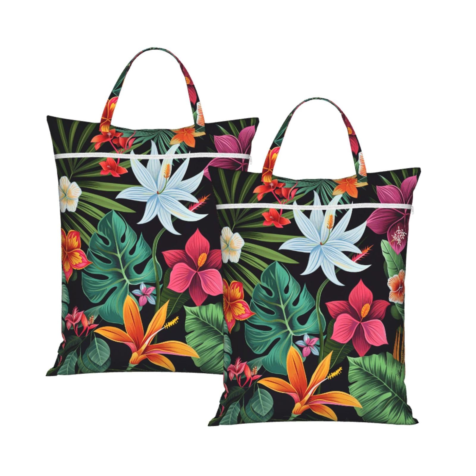 Large Travel Laundry Bags,Tropical Flowers Print with Handle Foldable Laundry Bag for Holidays Gym Swimming and Family Trips, 2Pcs