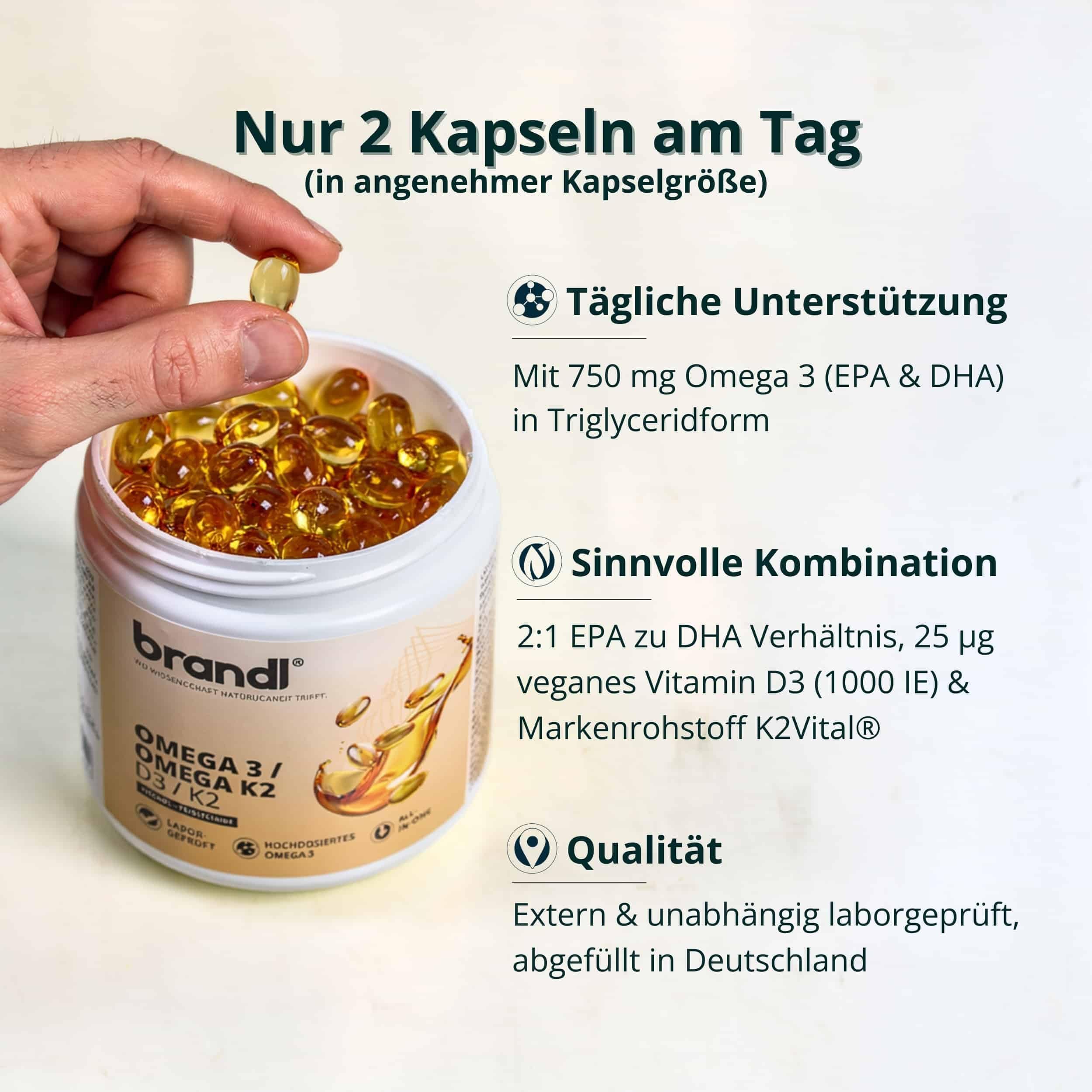 Vitamin D3 K2 Omega 3 Premium Kapseln hochdosiert – Made in Germany mit Fischöl Omega 3 – Optimiert für Sportler – 240 Kapseln – unabhängig laborgeprüft Verhältnis 2:1 EPA - DHA