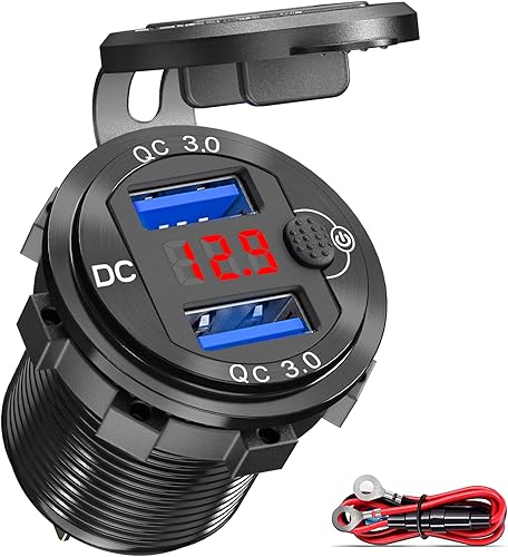 Miniatura 15 de Paquete de 2 salidas USB de 12 V, carga rápida dual 3.0, cargador de aluminio impermeable con voltímetro LED e interruptor de alimentación, Paquete