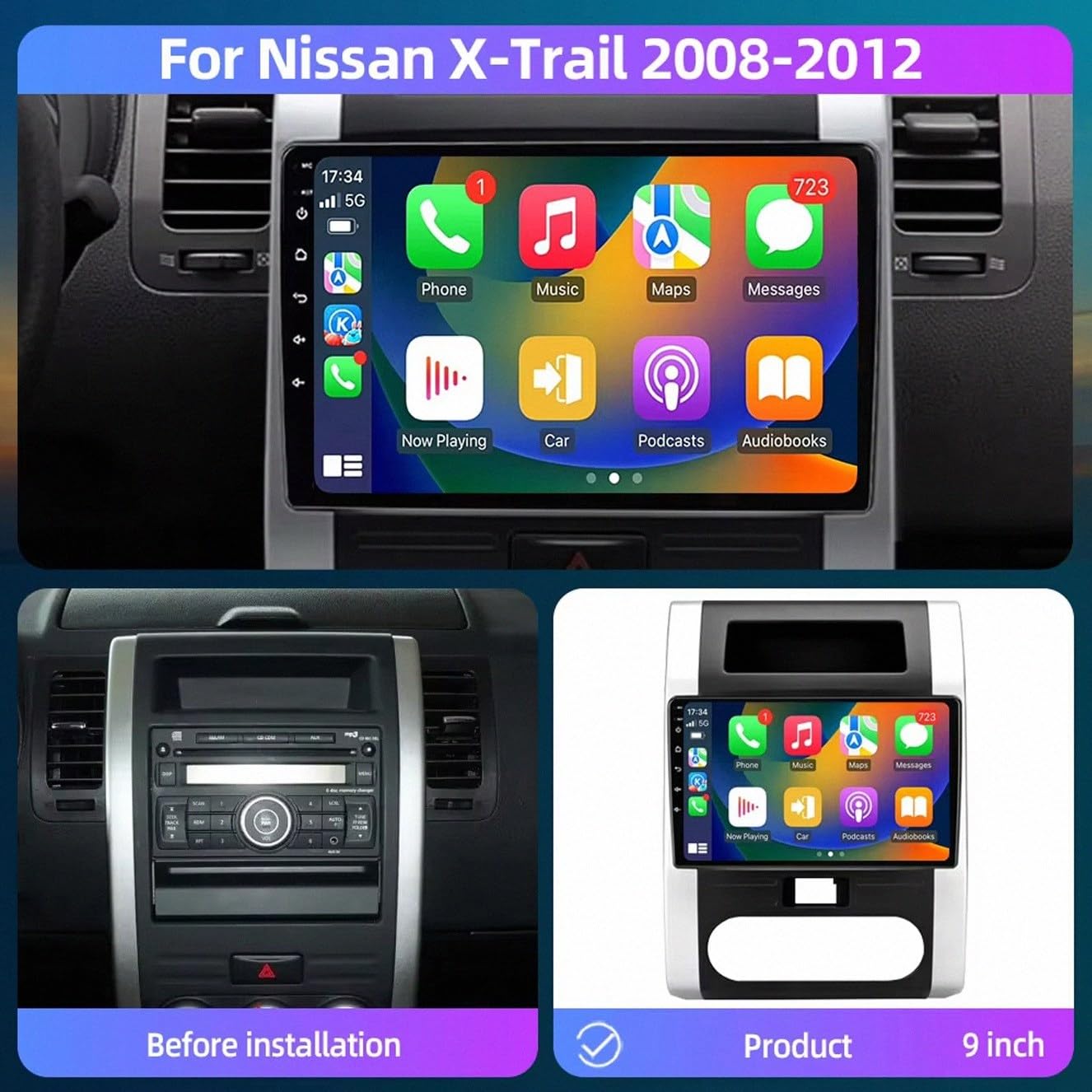 Nawigacja Z Ekranem Dotykowym, Radio Samochodowe dla Nissan X-Trail XTrail X Trail 2 T31 2007-2015 Przenośny Ekran Dotykowy Apple Carplay, Nawigacja Gps/Sterowanie, 8 Rdzeń 8G+256G