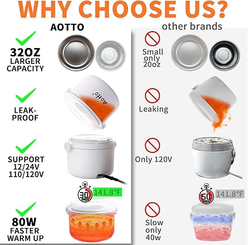 Miniatura 4 de Aotto Fiambrera eléctrica, 507080 W, 3 en 1, calentador de alimentos portátil para adultos, calentador de alimentos para automóvil, camión, viajes,