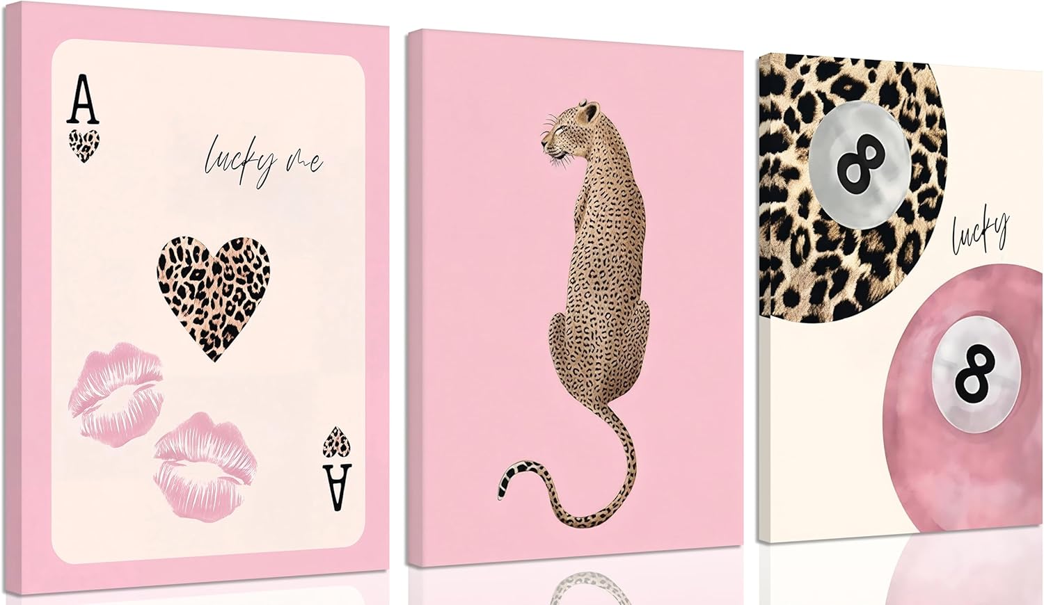 3 Pcs Trendy Pink Preppy Leopard Canvas Wall Art Lucky 8 Ball Playing Card Painting Picture Wall Decor Pink Coquette Funky Cheetah Poster Print Artwork for Girls Bedroom Living Room Apartment Home Decoration
