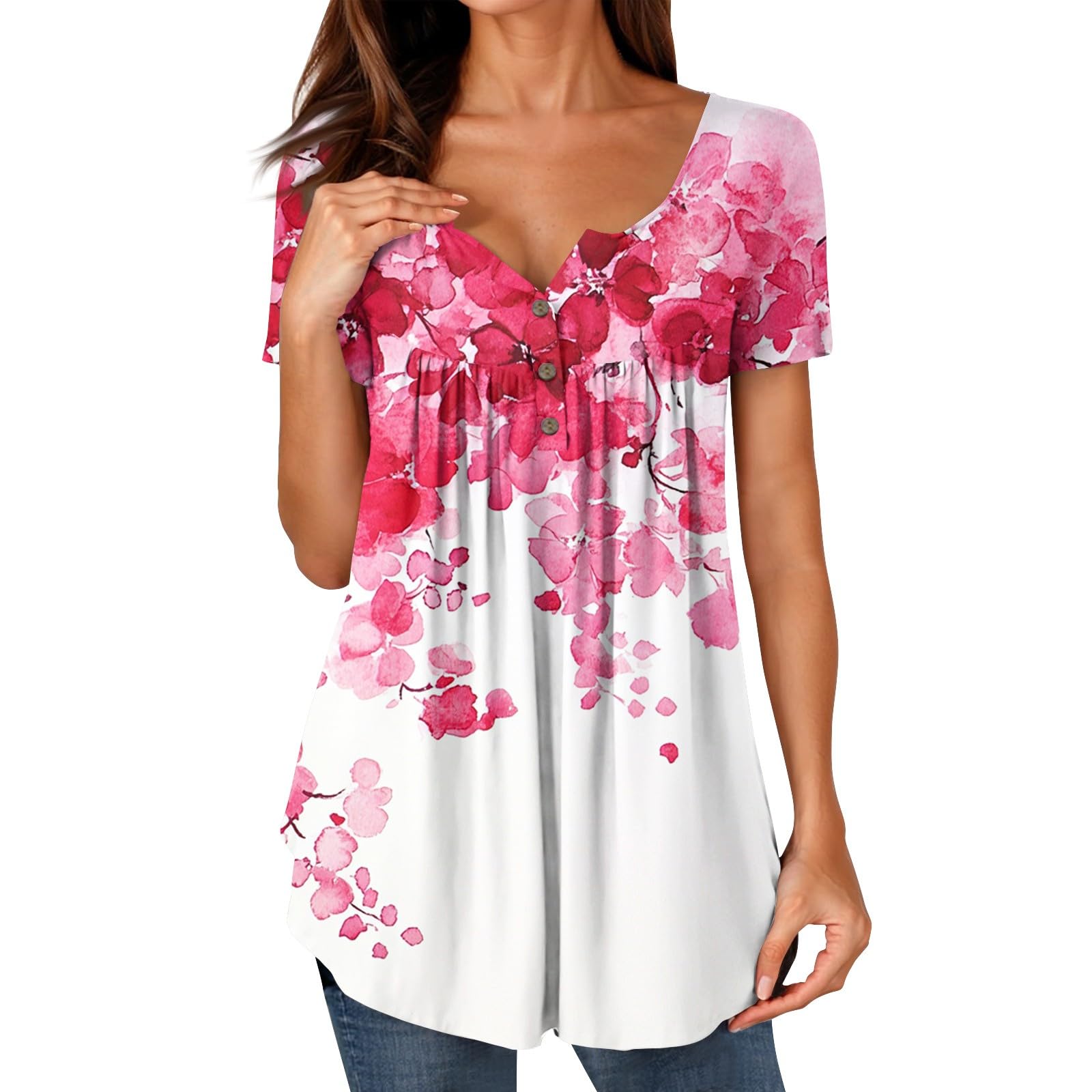 CUCUHAM Tunic Tops For Women Loose Fit Dressy To Wear With Leggings Summer Short Sleeve Shirts Pleated Boho Tops