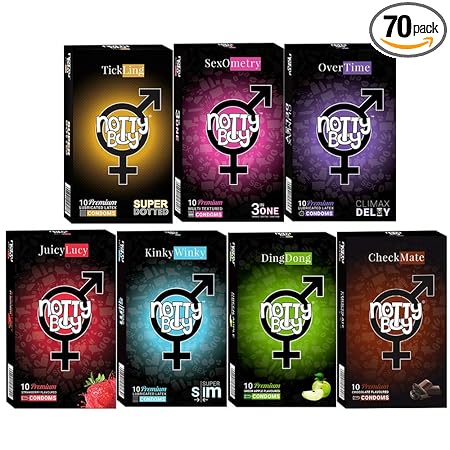NOTTY BOY Honeymoon Condom Set - Ribbed, Long Lasting, Extra Dotted, Thin, Pleasure Shape, Chocolate, Strawberry and Apple Flavoured Condoms - (7x10s)