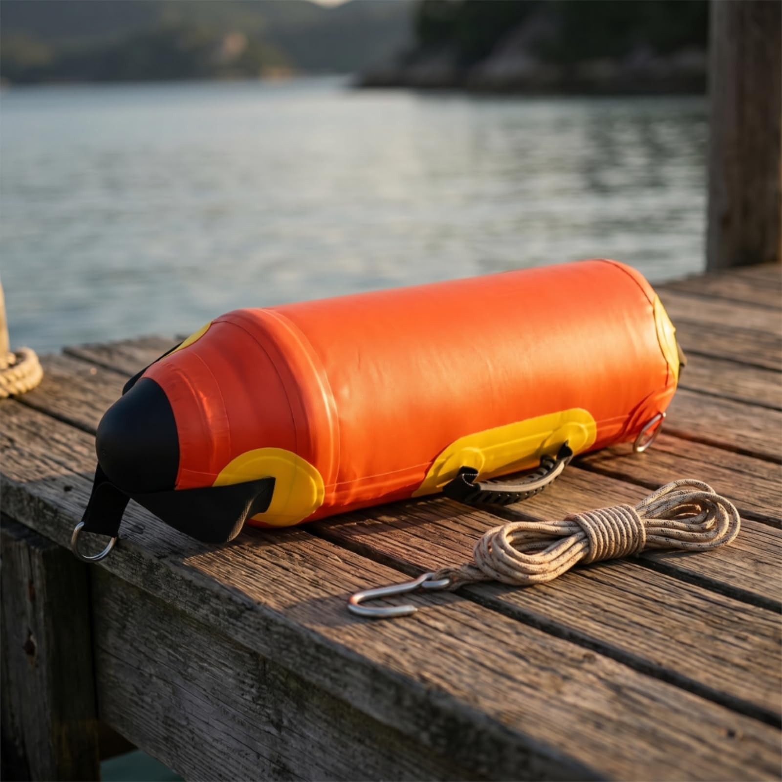 Perfeclan de Pesca Inflable Flotador Cilíndrico Señalizador de Agua con Alta Visibilidad Extremos Dos -Rings Material PVC Nylon Adecuada para Anclaje Temporal y Seguimiento de Ríos 15L