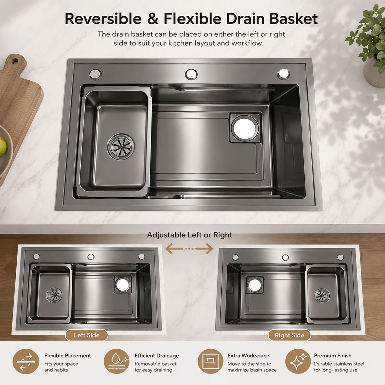 Mueble de Fregadero de Cocina con Grifo Mezclador de Agua Fría y Caliente y Escurridor Ajustable,Para Cocina, Lavadero, Jardín, Garaje, Patio.