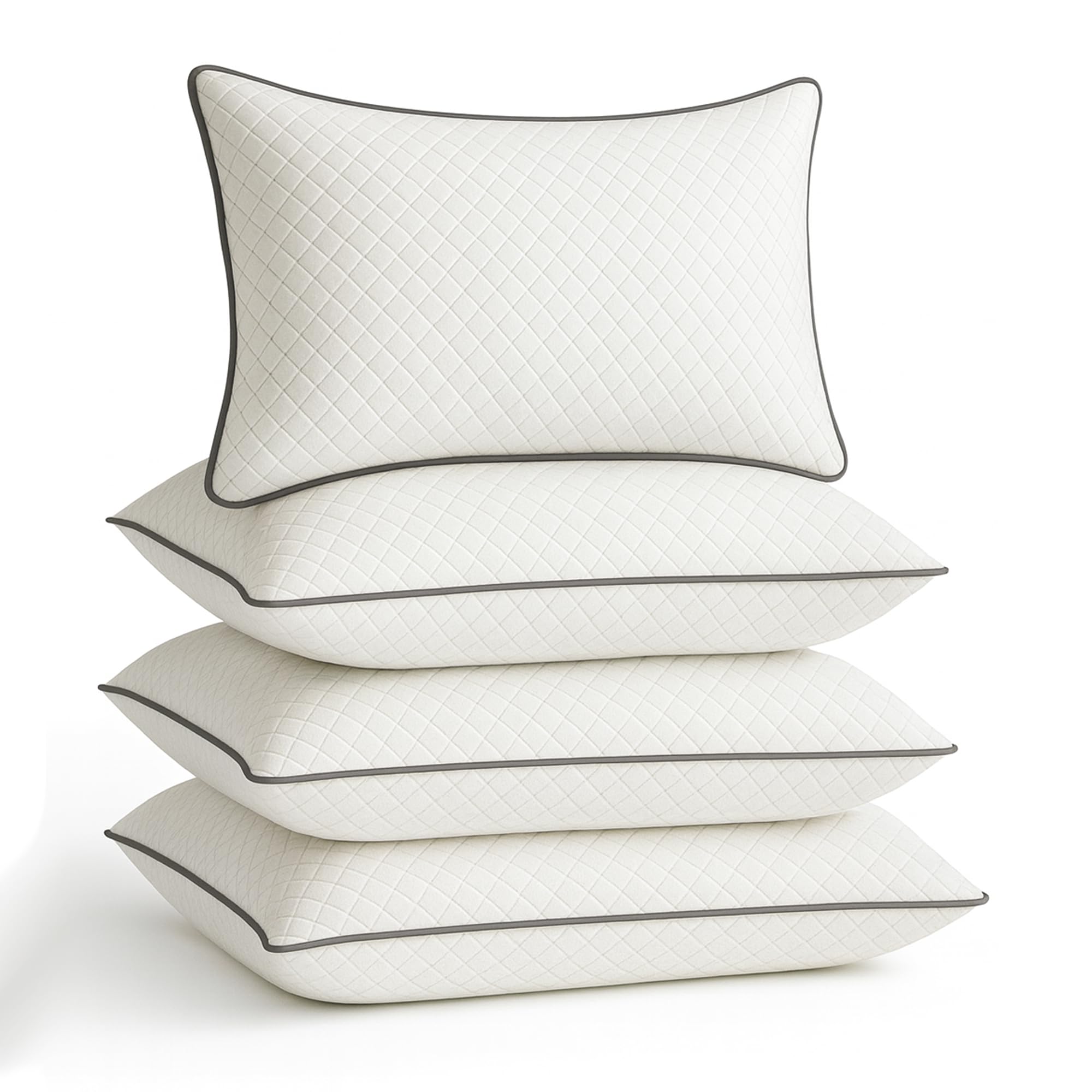 Ultrasonic Quilted Grey Pipiing Hollowfibre Pillows 4 Pack – Luxury Firm & Plump Bed Pillows for Sleeping, Hypoallergenic Down Alternative Bounce Back, Side & Stomach Sleepers, Dust Mite Resistant