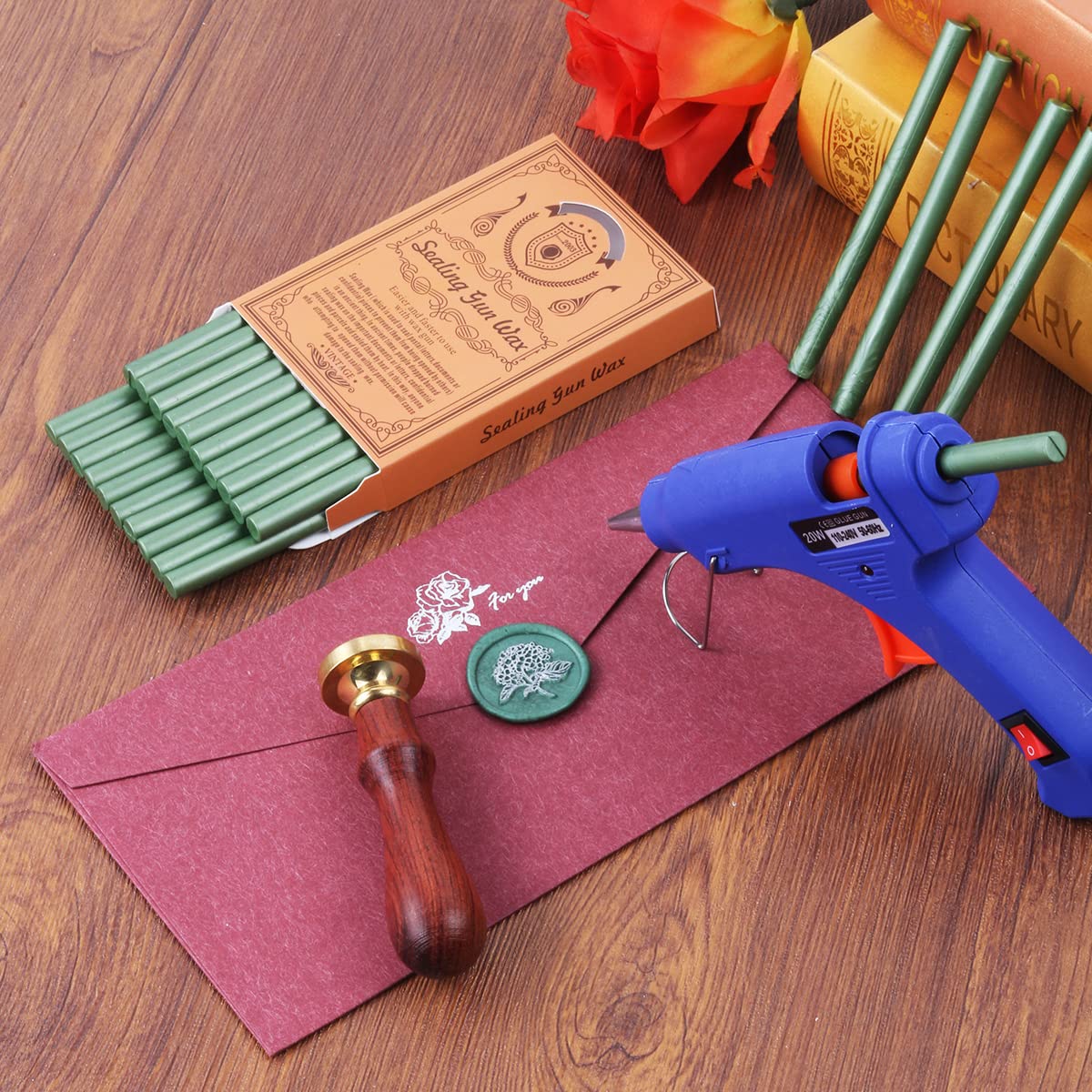 Wax Seal Kits, Wasole 20Pcs Pine Green Sealing Wax Sticks with 1 Pieces Glue Gun Set for Wax Seal Stamp, Great for Wedding Invitations, Birthday Cards, Envelopes, Gift Wrapping (Pine Green)