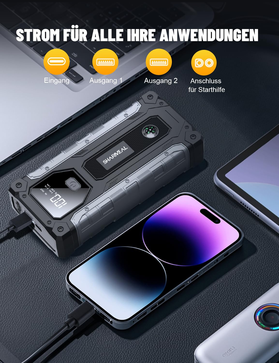 10000A Arrancador de Coche, Arrancador de Baterías de Coche, 12V Arrancador de Portátil con para All Gasolina o 10L Diesel, Clips de Seguridad Inteligentes, Portable Jump Starter con Linterna LED